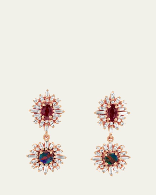 18K Rose Gold One Of A Kind Earrings with Ruby Marquise, Round Opals and White Diamonds